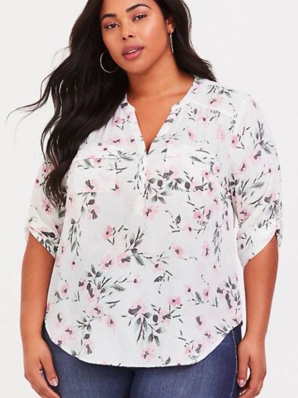 torrid White Harper Blouse with Pink & Green Floral Print